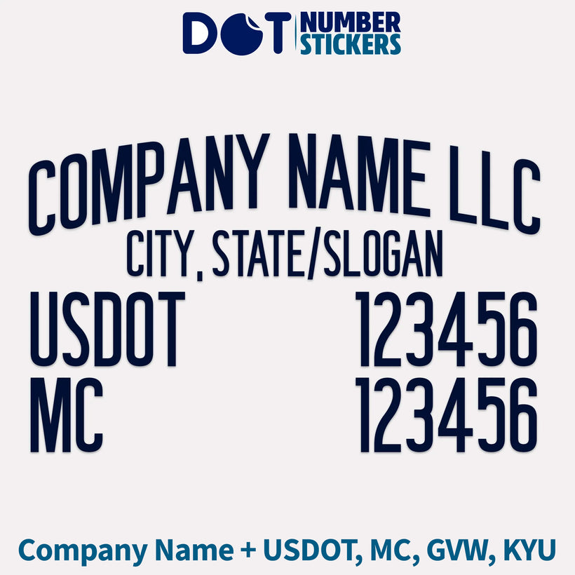 Company Name with USDOT, MC, GVW, CA, KYU Number Decal Stickers