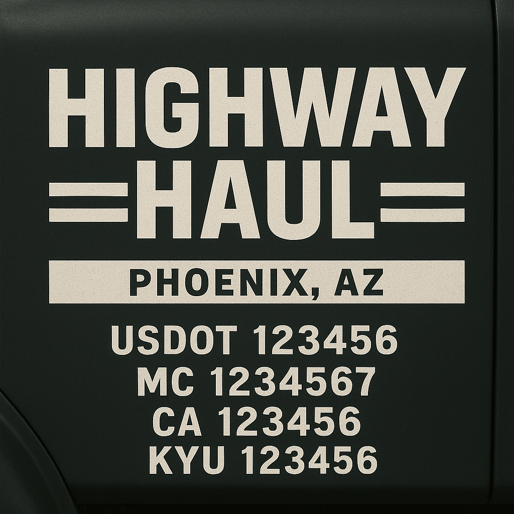 Custom Truck Door Decal Sticker Lettering with Trucking Name or Company Name, City & State, US DOT, MC, CA, KYU, GVW, VIN Sign (Set of 2)