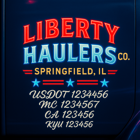 Custom Truck Door Decal Sticker Lettering with Trucking Name or Company Name, City & State, US DOT, MC, CA, KYU, GVW, VIN Sign (Set of 2)