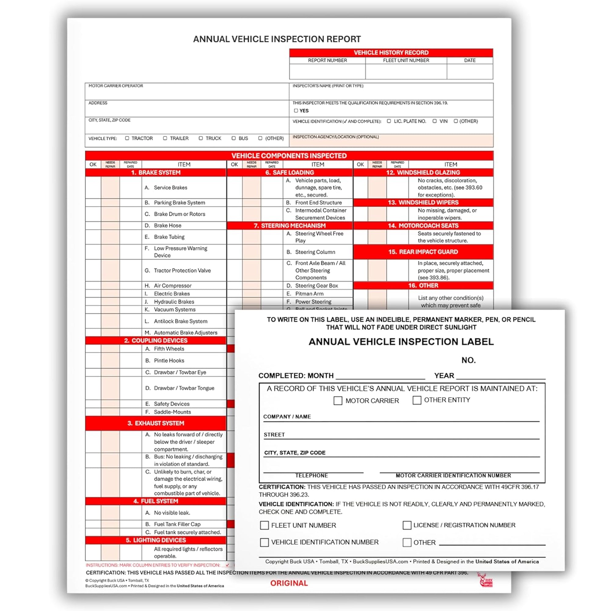Annual Vehicle Inspection Report + White Annual Vehicle Inspection Label