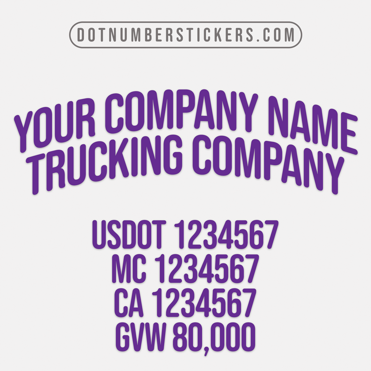 arched company name decal with usdot, mc, ca, gvw