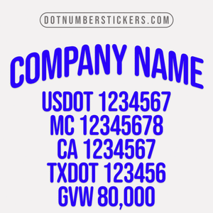 arched company name decal with usdot, mc, ca, txdot, gvw