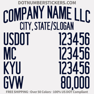 arched company name, location, usdot, mc, kyu & gvw decal sticker