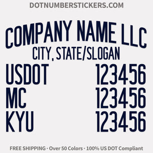 arched company name, city, usdot, mc kyu decal sticker