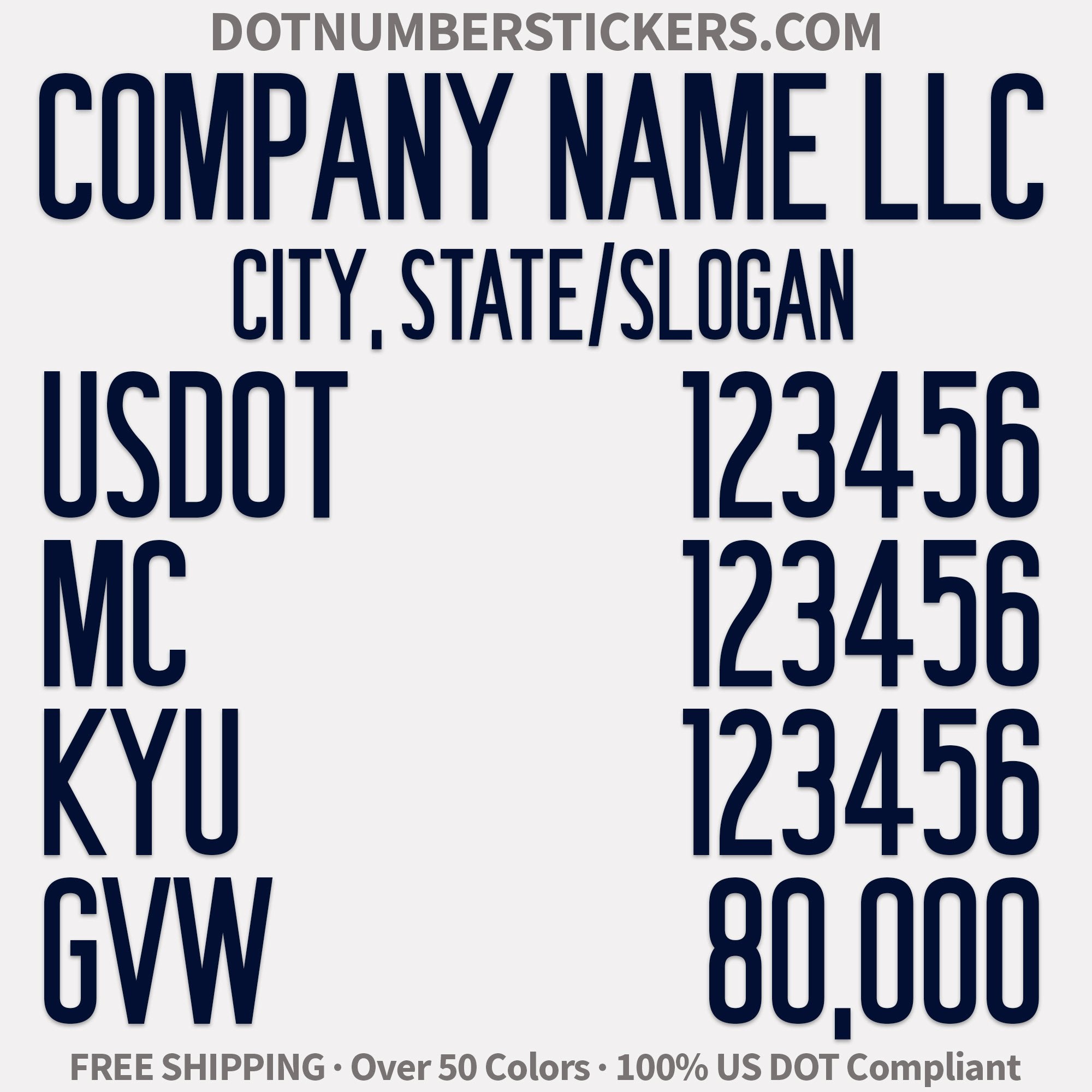 company name, location, usdot, mc, kyu, gvw decal sticker